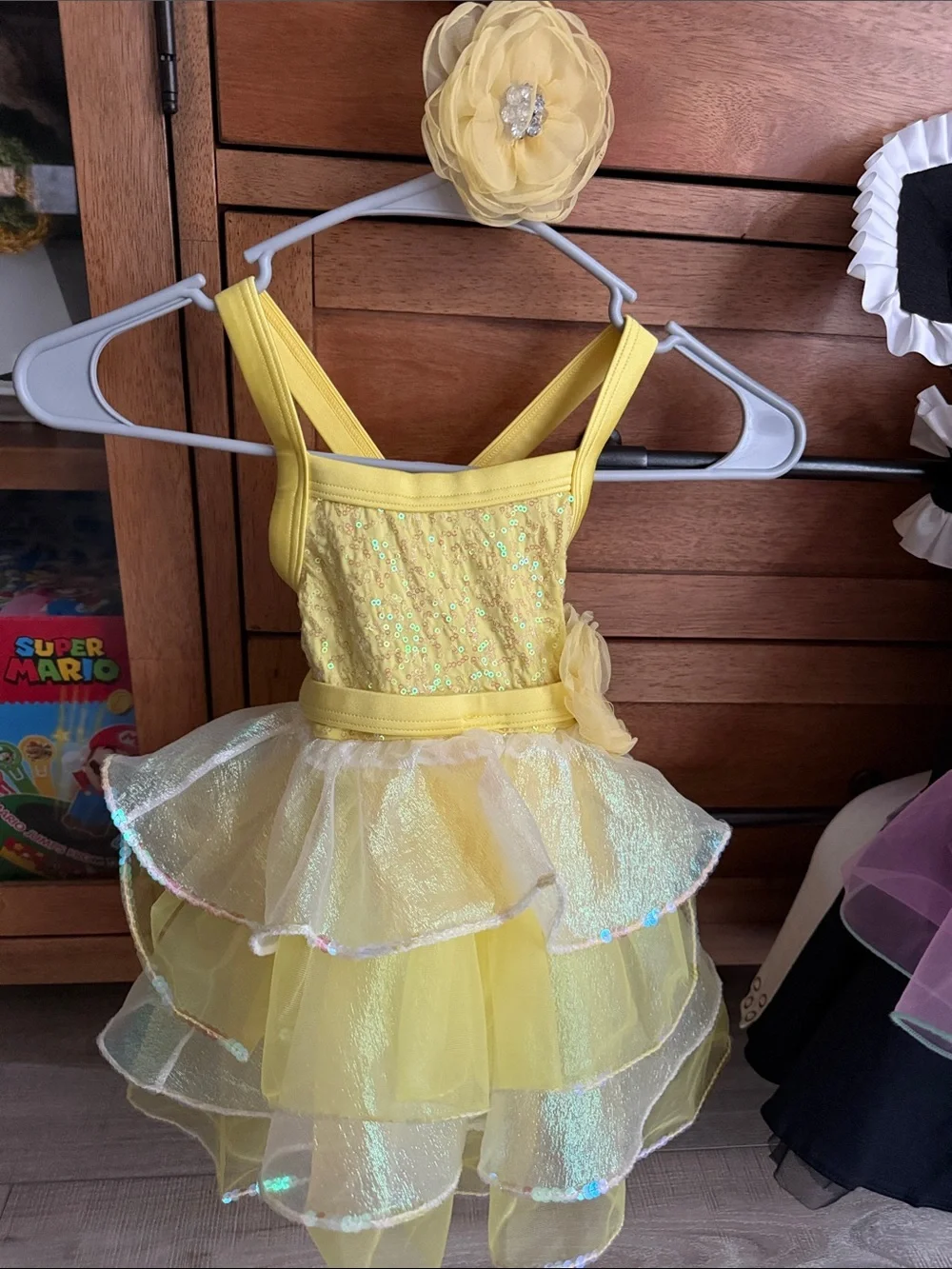 WEISSMAN Yellow Sequin Cross Back Tutu Costume With Flower Accent- Toddler Girl